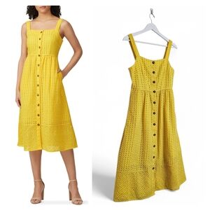 J.Crew Coletta Yellow Eyelet Midi Dress 4 Cotton Button Front Pockets